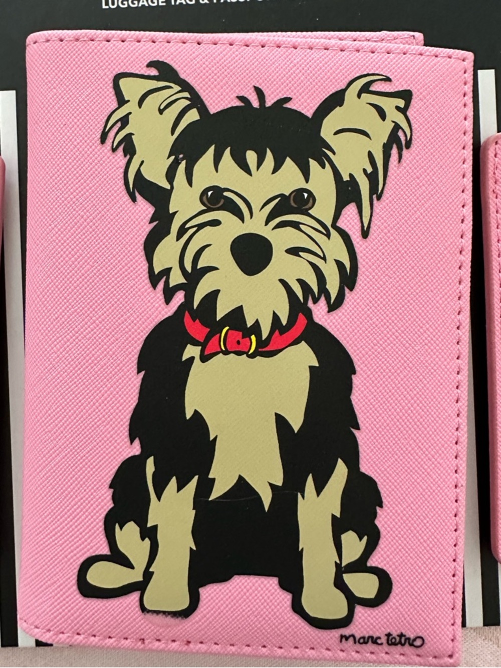 Marc Tetro Luggage Tag Passport Case Set Yorkshire Terrier Pink Faux Leather NWT - Picture 2 of 6